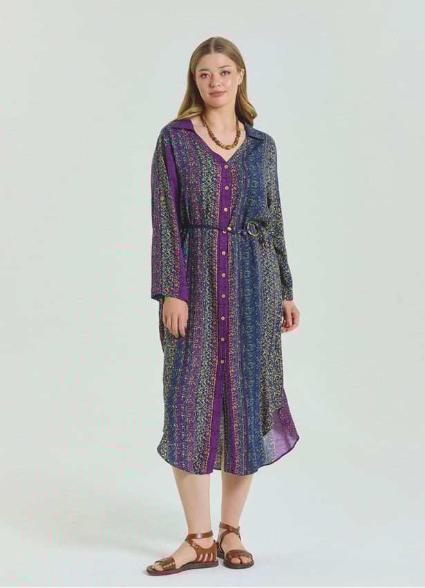Shirt Collar Belt Detailed Purple Patterned Long Sleeve Plus Size Dress 4612